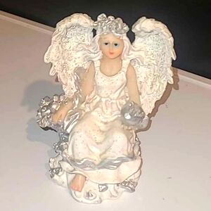 Vintage K’s Collection Angel Figurine holding silver apple, glitter dress